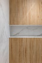 Wooden finishing in shower zone of modern refurbished bathroom. Royalty Free Stock Photo