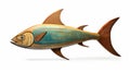 Turquoise And Orange Engraved Wood Fish Sculpture