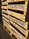 Wooden fish crates stacked in the fishing harbor of Palamos. Girona, Spain.