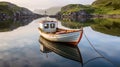 Wooden fishing boat on mountain lake, idyllic view of lone rowboat