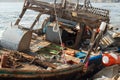 Wooden fishing boat from North Korea, shipwrecked after a storm off the coast of the Russian island,