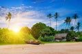 Wooden fishing boats on sandy beach. Tropical landscape with palm trees and bright sunset. Sri Lanka Royalty Free Stock Photo