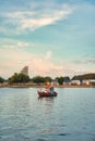 Wooden fishing trawler boat on tropical sea in the evening Royalty Free Stock Photo