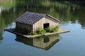 Wooden floating house for ducks on the pond