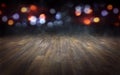 Wooden floor with abstract blurred lights background. 3d rendering