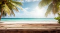 Wooden floor against seascape with coconut palm trees in foreground. Generative AI Royalty Free Stock Photo