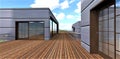Wooden floor as a covering of the specious terrace fenced with glass railing. Horizontal metal wall finisjing. 3d rendering