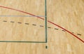 Wooden floor badminton, futsal, handball, volleyball, football, soccer court. Wooden floor of sports hall with marking red lines o Royalty Free Stock Photo