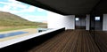 The wooden floor of the balcony of a new stylish country house. Reflection of the environment on large panoramic mirror windows.