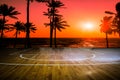 Wooden floor basketball court with view sunset Royalty Free Stock Photo