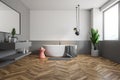 Wooden floor bathroom interior, tub and sink