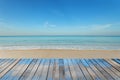 Wooden floor with beautiful blue sky scenery for background. Royalty Free Stock Photo