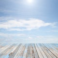 Wooden floor with beautiful blue sky scenery for background Royalty Free Stock Photo