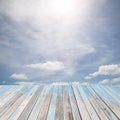 Wooden floor with beautiful blue sky scenery for background Royalty Free Stock Photo