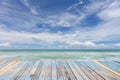 Wooden floor with beautiful blue sky scenery for background. Royalty Free Stock Photo