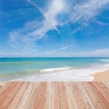 wooden floor with beautiful blue sky scenery for background. Royalty Free Stock Photo