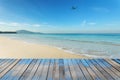 Wooden floor with beautiful blue sky scenery for background. Royalty Free Stock Photo