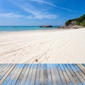 wooden floor with beautiful sand ,tropical beach ,blue sky scene Royalty Free Stock Photo