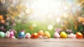 wooden floor with easter eggs and blurred spring meadow background easter holiday theme banner, for Royalty Free Stock Photo