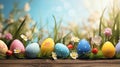 wooden floor with easter eggs and blurred spring meadow background easter holiday theme banner, for Royalty Free Stock Photo