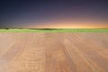 Wooden floor green grass and sunset at the background Royalty Free Stock Photo