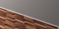 Wooden floor, grey wall and white skirting, perspective view, copy space. 3d illustration