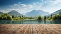 A wooden floor with a lake and mountain in the background