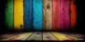 a wooden floor with a multicolored wall background, Generative AI