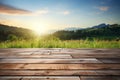 Wooden floor planks against a scenic backdrop of natural beauty Royalty Free Stock Photo