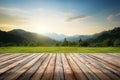 Wooden floor planks against a scenic backdrop of natural beauty Royalty Free Stock Photo