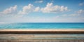 Wooden floor platform and blue sea with sky background. Royalty Free Stock Photo