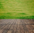 Wooden Floor Texture Of Terrace With Green Lawn