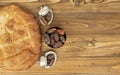 On the wooden floor, the top view, the bread called `Pita`