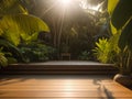 Wooden floor in a tropical garden with sunlit serenity. Generative AI