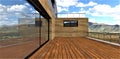 Wooden floor and walls as a finishing of the contemporary balcony with stunning view of the mountains landscape through the large