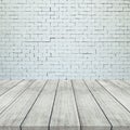 Wooden floor and white brick wall for texture background Royalty Free Stock Photo