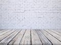 Wooden floor and white brick wall for texture background Royalty Free Stock Photo