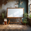 Wooden floor whiteboard for markers, creatively designed workspace concept