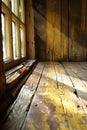 A wooden floor with a window and sunlight shining through, AI Royalty Free Stock Photo