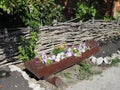 Wooden flower bed in the spring garden. The concept of eco-consumption and zero waste Royalty Free Stock Photo