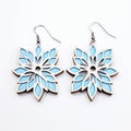 Wooden Flower Shaped Earrings With Blue Enamel - Modern Jewelry