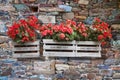 Wooden flowers boxes against an old stone wall - Home sweet home
