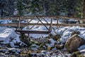 Wooden foot bridge over stream in pine forest covered in snow Royalty Free Stock Photo