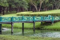 A wooden footbridge across a brook in the park.
