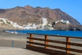 Wooden footbridge on coastal promenade green area in Las Playitas village and public beach, Fuerteventura, Canary Islands, Spain