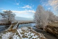 Wooden Footbridge over Frozen canal in Drenthe Royalty Free Stock Photo