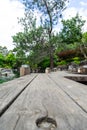 Wooden footbridge over lake