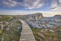 Wooden footbridge over limestone rock landscape in Loja, Granada. Spain Royalty Free Stock Photo