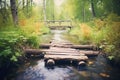 wooden footbridge over a serene forest stream