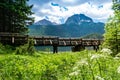 Wooden footbridge over stream against background of Meded Peak and Glacial Black Lake. Durmitor National Park. Montenegro